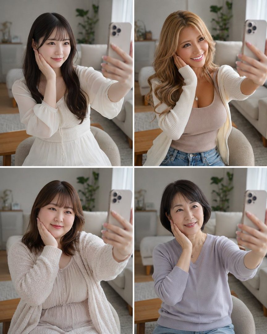 Four women of different ages and appearances take selfies in a similar indoor setting, showcasing diverse beauty.