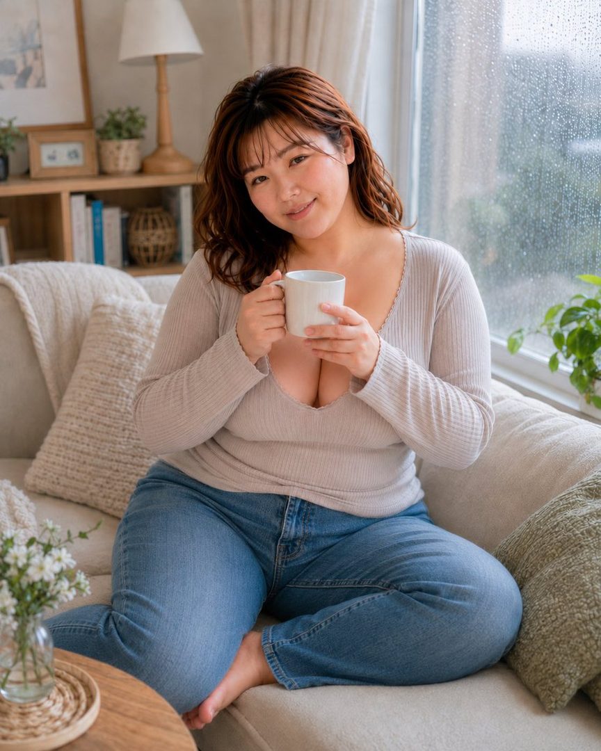 A woman with brown hair sits on a couch, holding a white mug and smiling at the camera, with a window showing rain in the background.