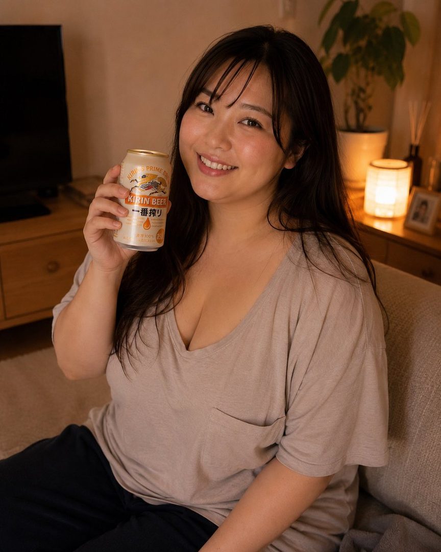 A smiling East Asian woman in a casual top holds a can of Kirin beer indoors.