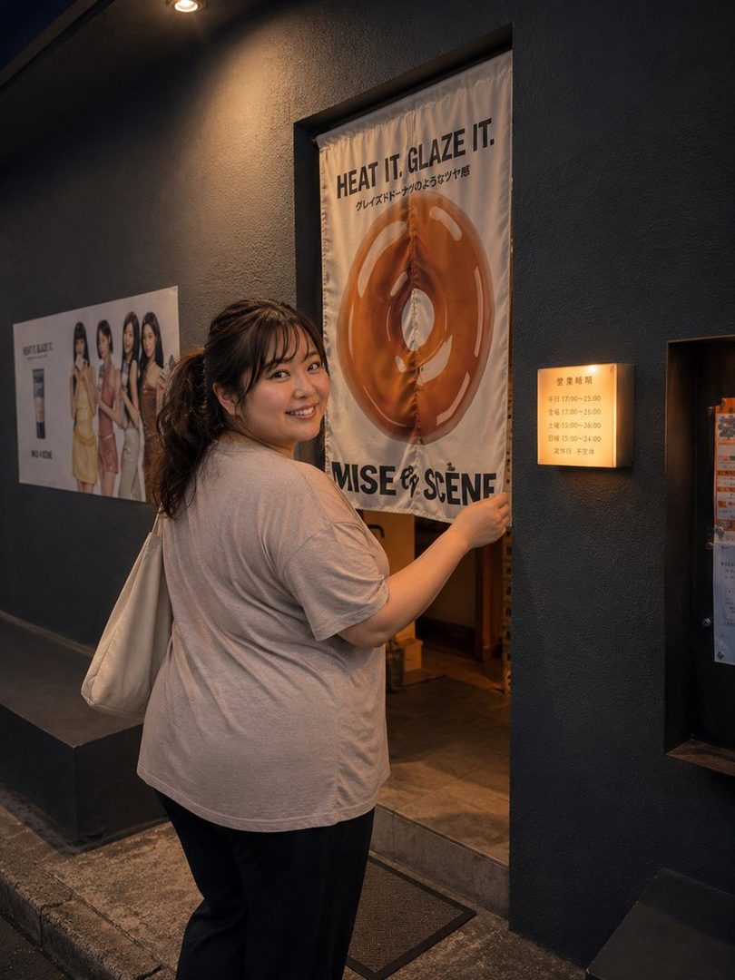 A young woman with a ponytail smiles over her shoulder while standing outside a shop at night.