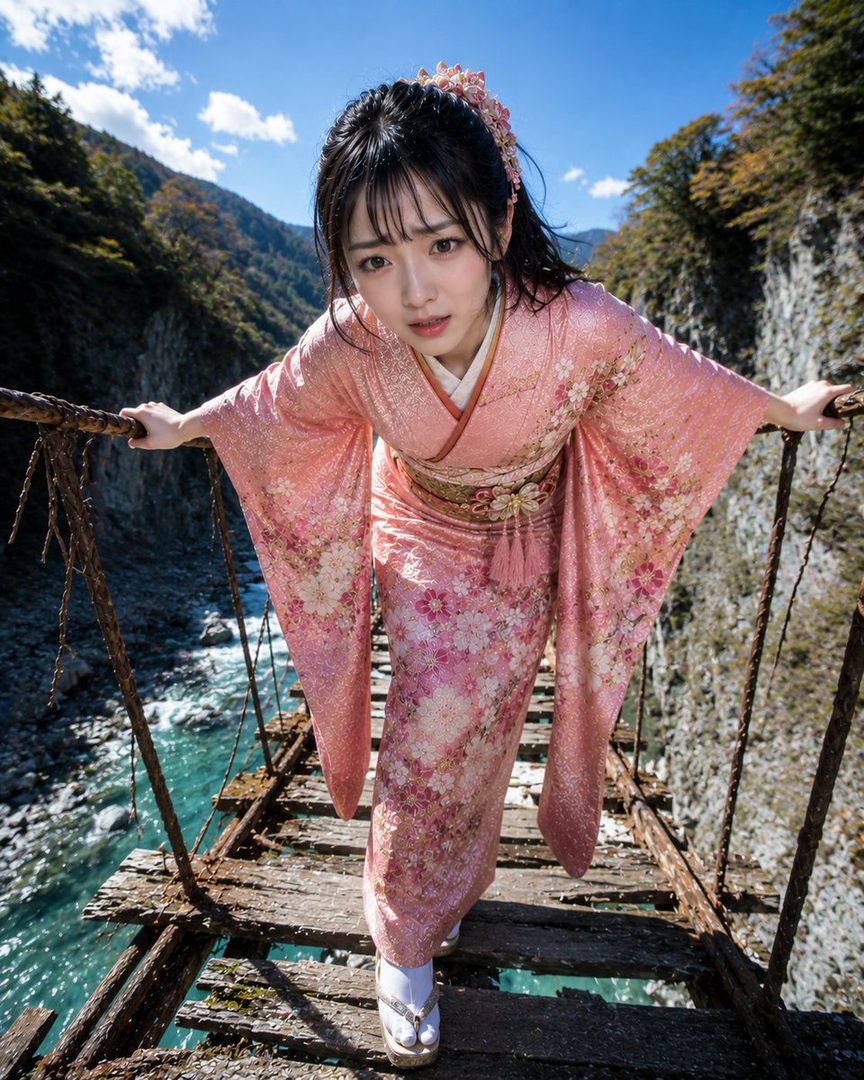 A young woman in a pink kimono stands on a rickety wooden bridge over a turquoise river in a mountainous landscape.