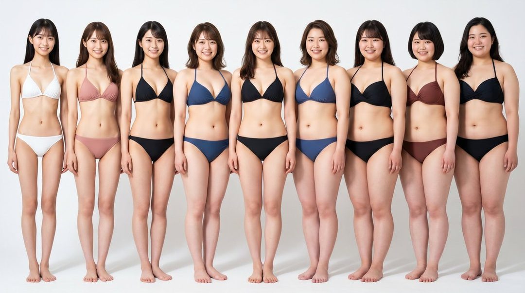 Nine East Asian women in bikinis stand in a line against a white background, showcasing different body types.