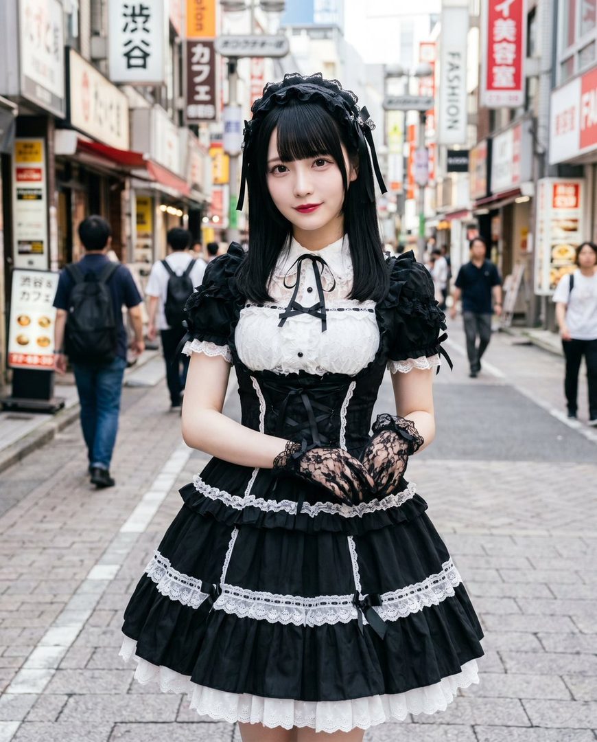 A young woman with long black hair and bangs, wearing a black and white gothic lolita dress with lace gloves, stands on a city street.