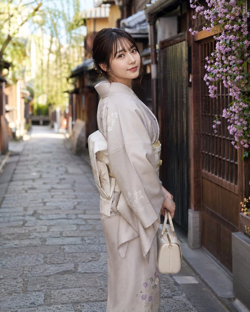 A beautiful Japanese woman in a traditional kimono stands on a stone street lined with old wooden houses and blooming flowers.