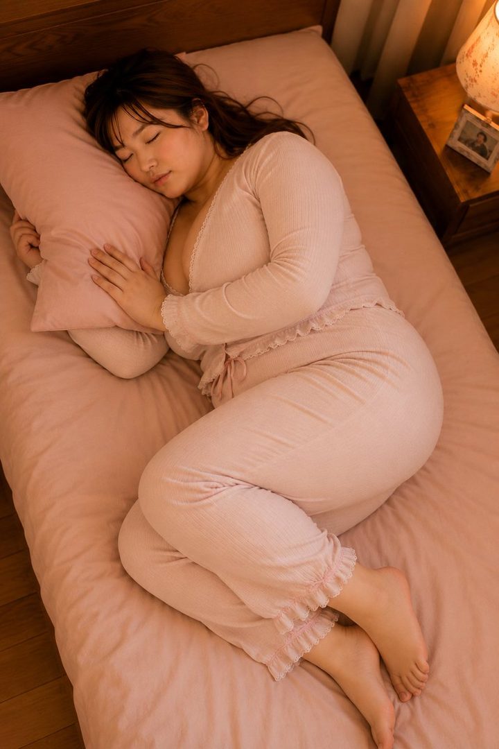 A woman with long brown hair sleeps peacefully on a pink bed, wearing pink pajamas.