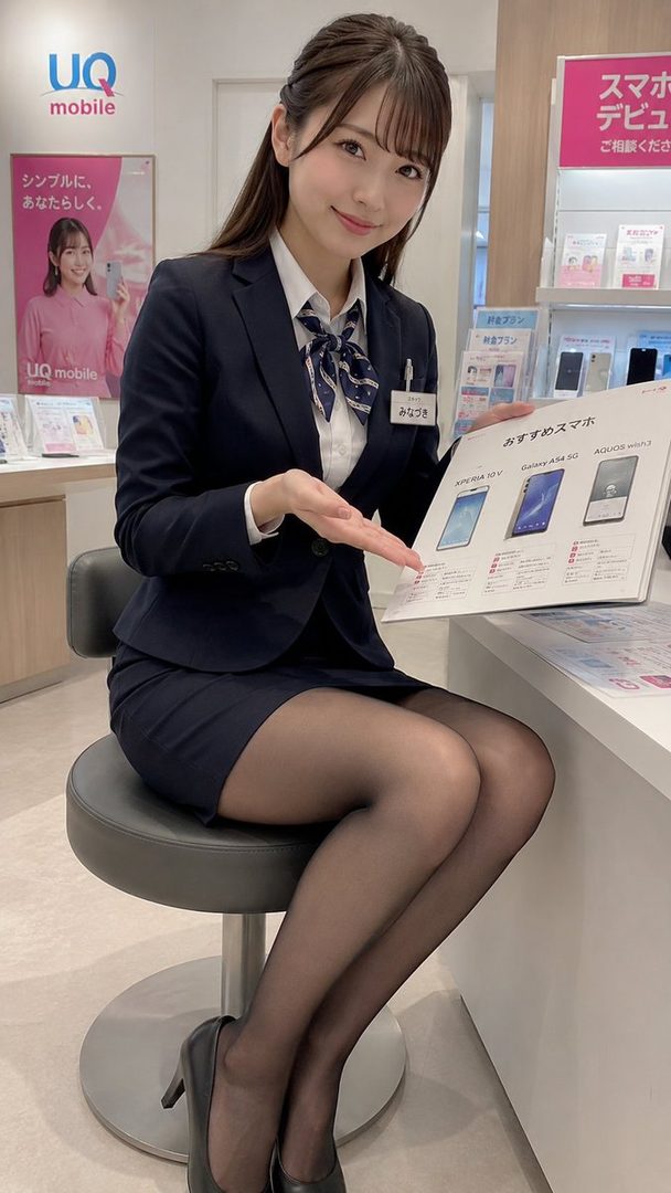 A young woman in a business suit and skirt, wearing black stockings, sits on a stool in a mobile phone shop, holding a brochure and smiling at the camera.
