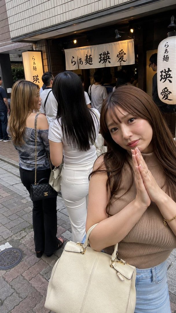 A young woman with long brown hair and bangs poses with her hands together in front of a ramen shop, with other people in the background.