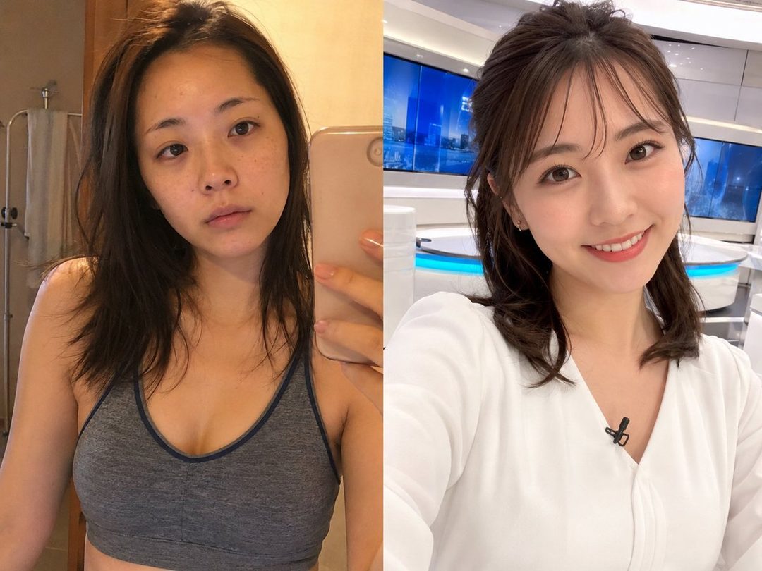 A split image showing a woman without makeup in a sports bra on the left, and the same woman with makeup and a white blouse on the right.