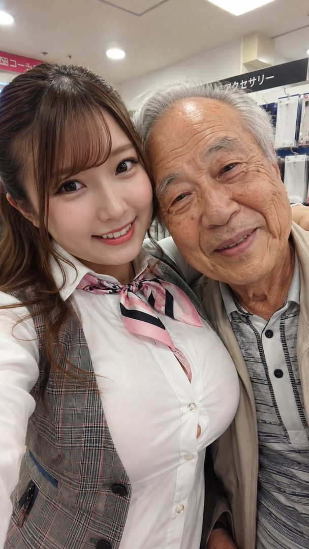 A young woman in a white blouse and plaid vest takes a selfie with an elderly man in an indoor setting.