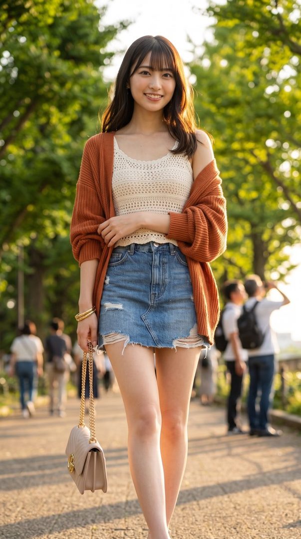 A young woman with long brown hair and bangs smiles while walking outdoors during golden hour, wearing a white knit top, an orange cardigan, and a denim mini-skirt.
