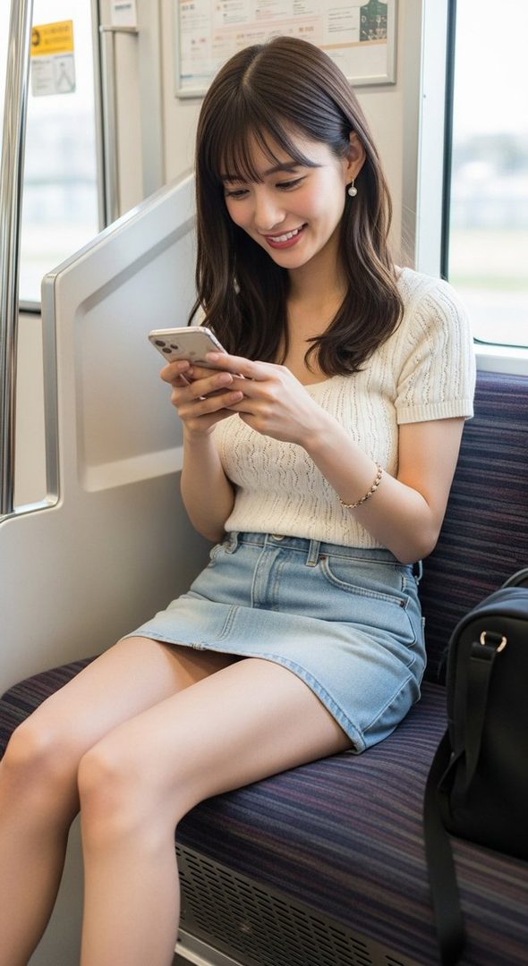 A smiling East Asian woman with long brown hair and bangs, wearing a white top and denim skirt, sits on a train while looking at her phone.