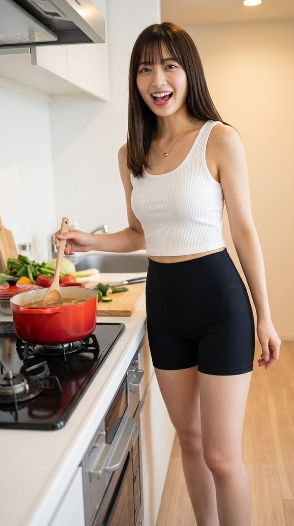 A smiling woman in a white tank top and black shorts cooks in a modern kitchen.