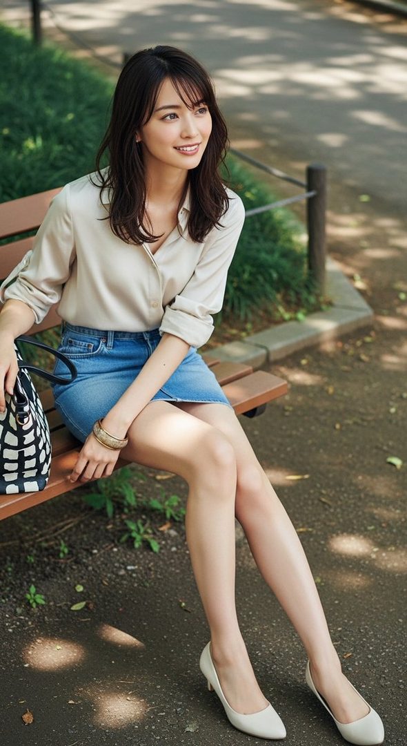 A beautiful East Asian woman with long brown hair and bangs, wearing a light blouse and denim skirt, sits on a park bench and smiles.