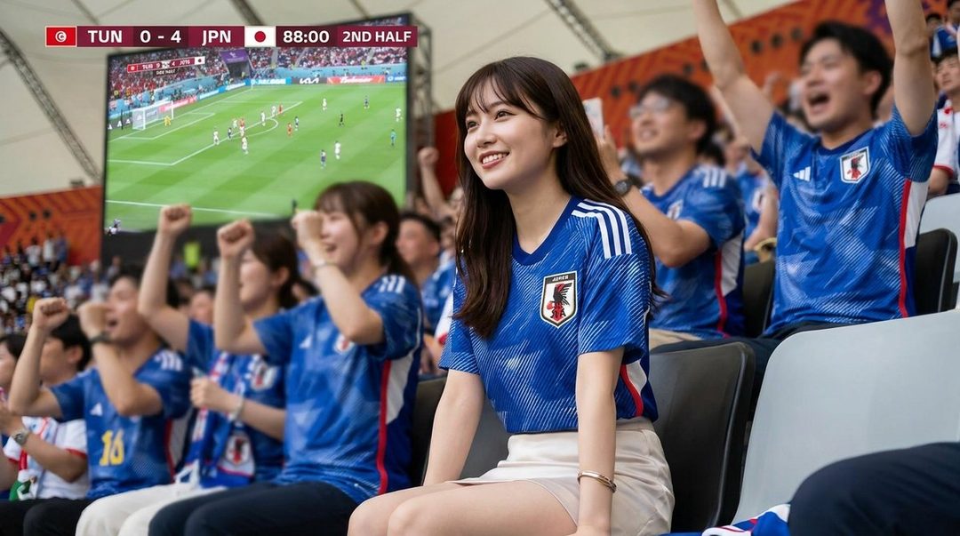 A young woman with long brown hair smiles while wearing a blue Japan soccer jersey and watching a game on a big screen at a stadium.