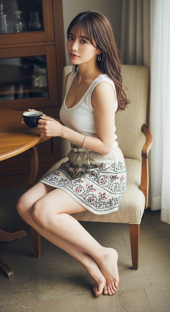 A beautiful East Asian woman with long brown hair and bangs, wearing a white top and an embroidered skirt, sits indoors holding a cup.