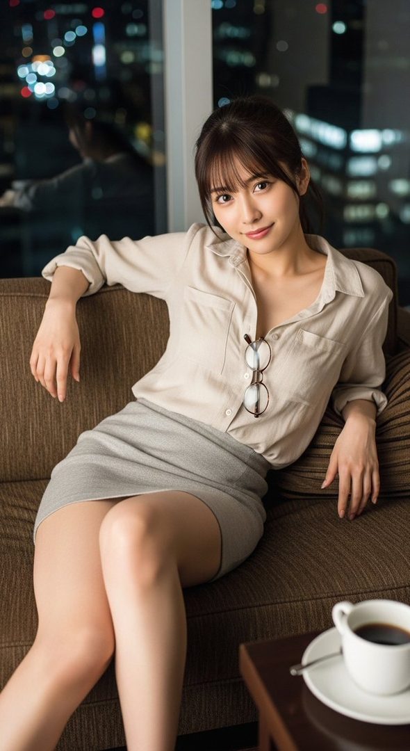 A young woman with brown hair and bangs sits on a sofa in an indoor setting at night, wearing a light blouse and a grey skirt, with city lights visible in the background.
