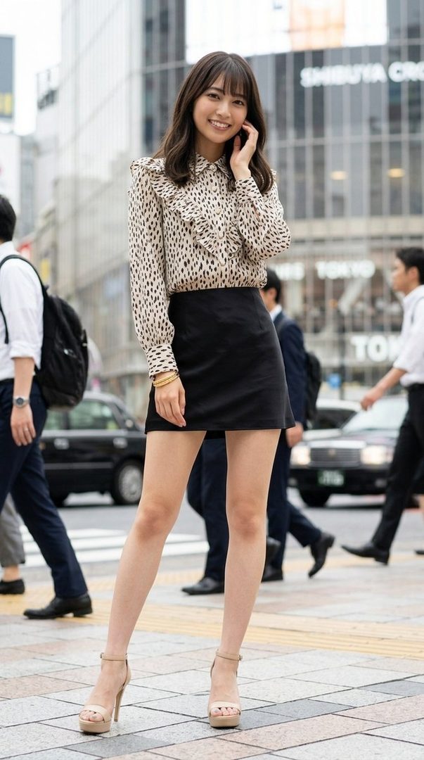 A young woman in a leopard print blouse and black mini skirt smiles while standing on a city street.