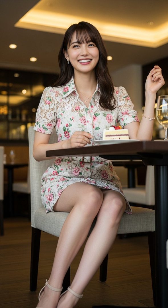 A smiling East Asian woman with long brown hair and bangs, wearing a floral lace dress, sits at a cafe table with a slice of cake and a drink.