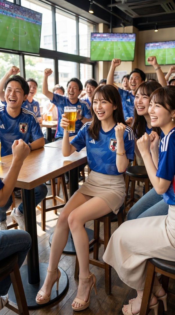 A group of young Japanese adults in blue soccer jerseys cheer excitedly while watching a game on TV in a bar, with the main woman holding a beer.