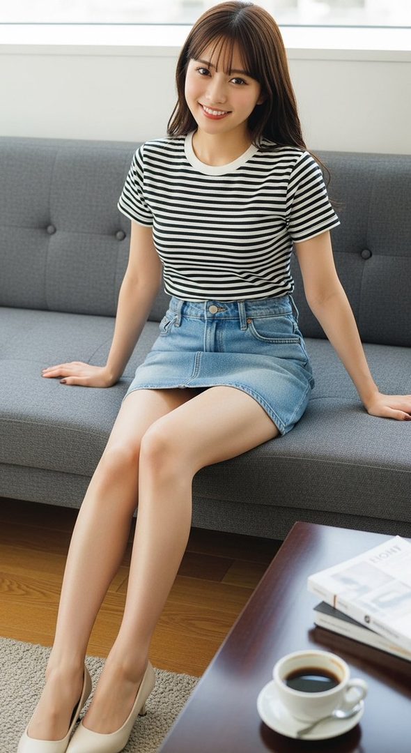 A smiling East Asian woman with long brown hair and bangs, wearing a striped t-shirt and a denim mini-skirt, sits on a gray sofa indoors.