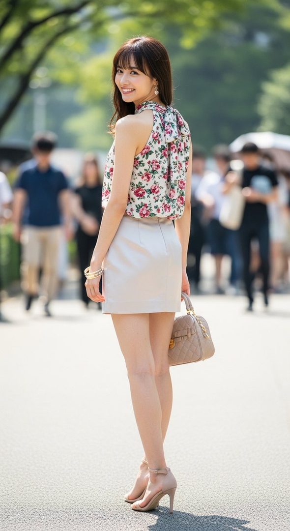 A beautiful Japanese woman with long brown hair and bangs, wearing a floral top and a light skirt, smiles over her shoulder in an outdoor setting.