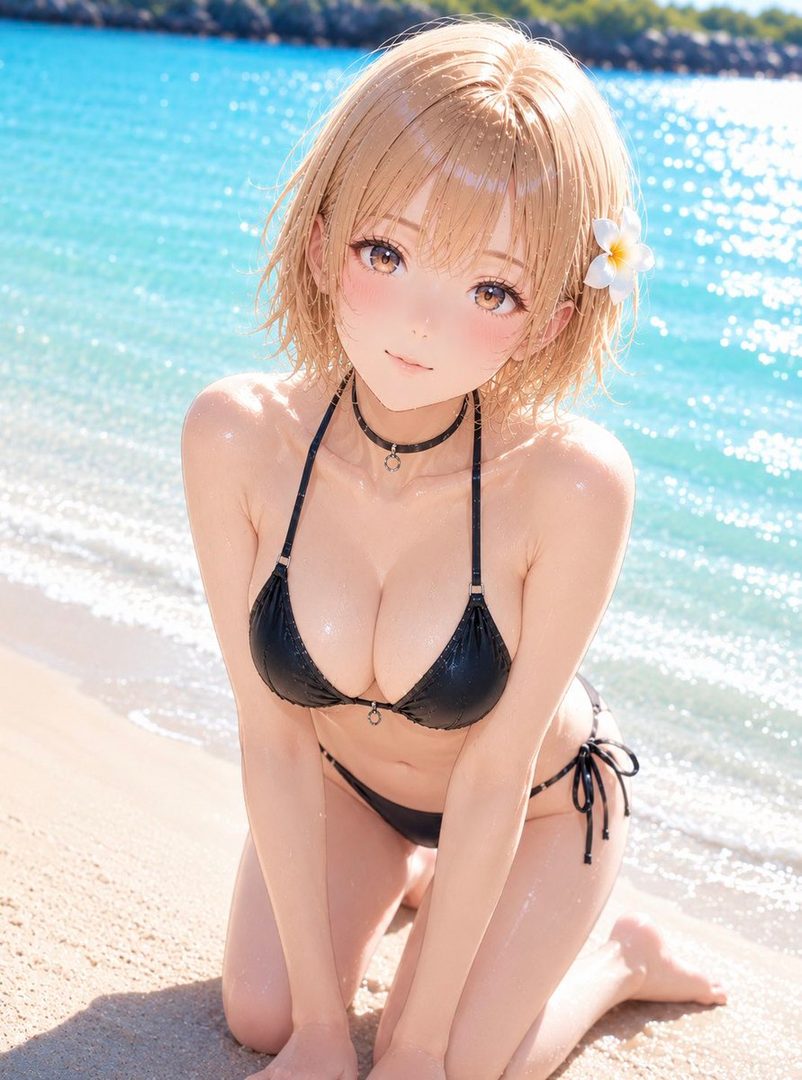 An anime girl with blonde short hair and a flower in her hair kneels on a sandy beach wearing a black bikini, with blue ocean in the background.