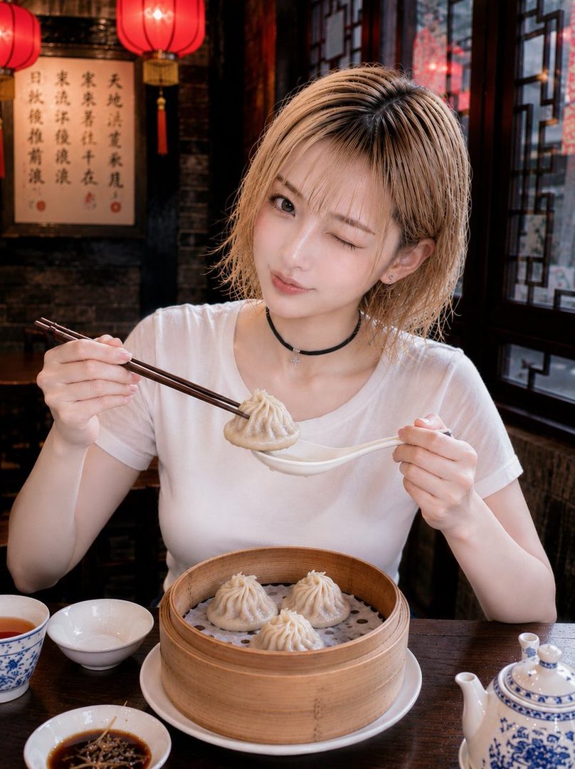A cute East Asian woman with short blonde hair winks while holding a dumpling with chopsticks and a spoon, sitting at a table with a bamboo steamer of dumplings and tea.