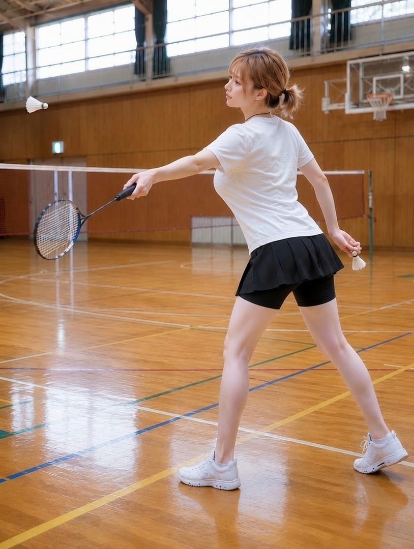 A woman with blonde hair in a ponytail plays badminton in an indoor court, wearing a white t-shirt and black skirt.