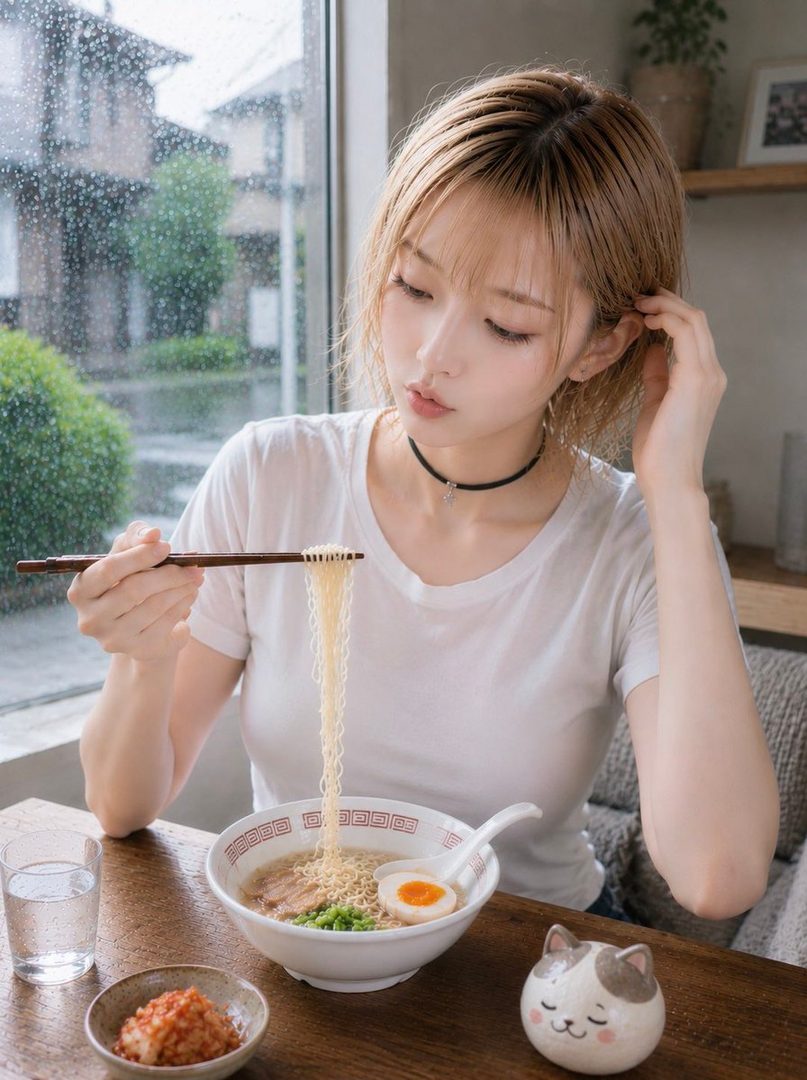A young woman with blonde short hair is eating ramen noodles indoors on a rainy day.