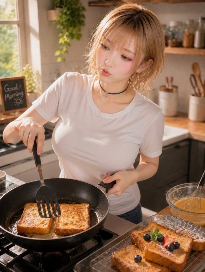 A young woman with blonde hair is cooking french toast in a kitchen, wearing a white t-shirt.