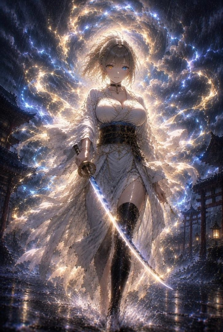 An anime-style woman with a katana stands in a mystical, glowing night scene.