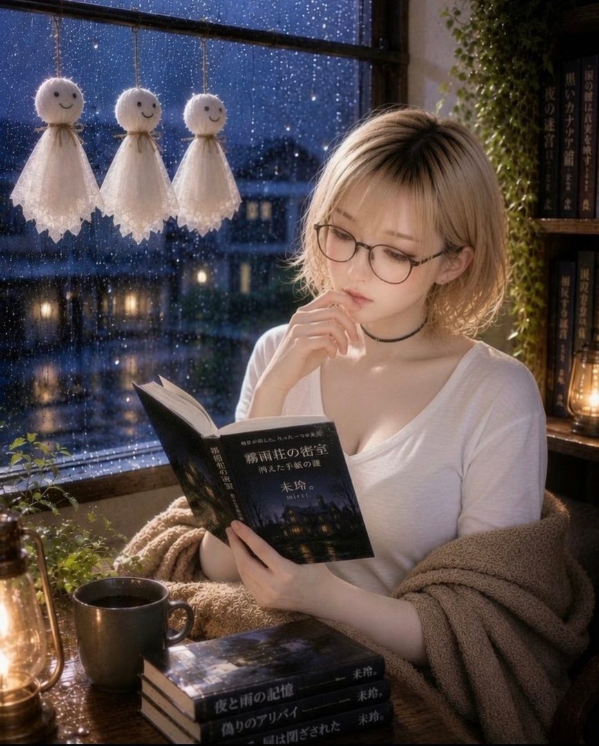 A blonde woman with glasses reads a book by a window on a rainy night, with a cup of coffee and books on the table.