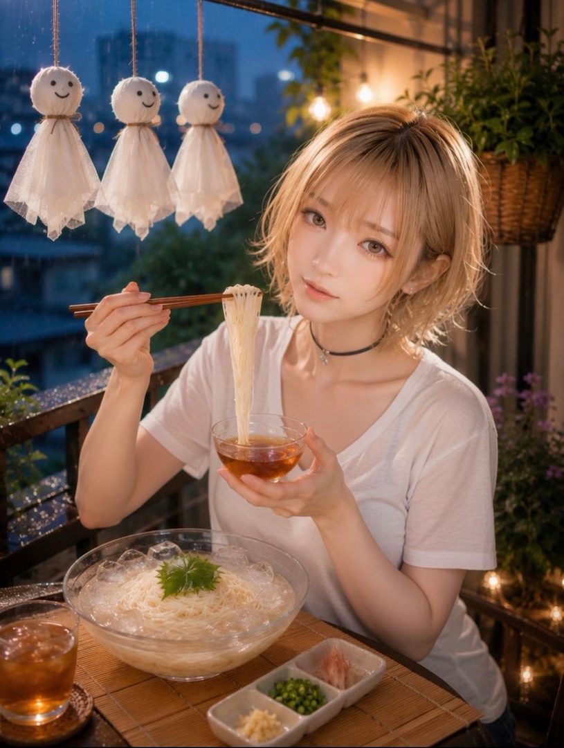 A cute East Asian woman with short blonde hair is eating somen noodles on a balcony at night, with rain teru teru bozu dolls hanging in the background.