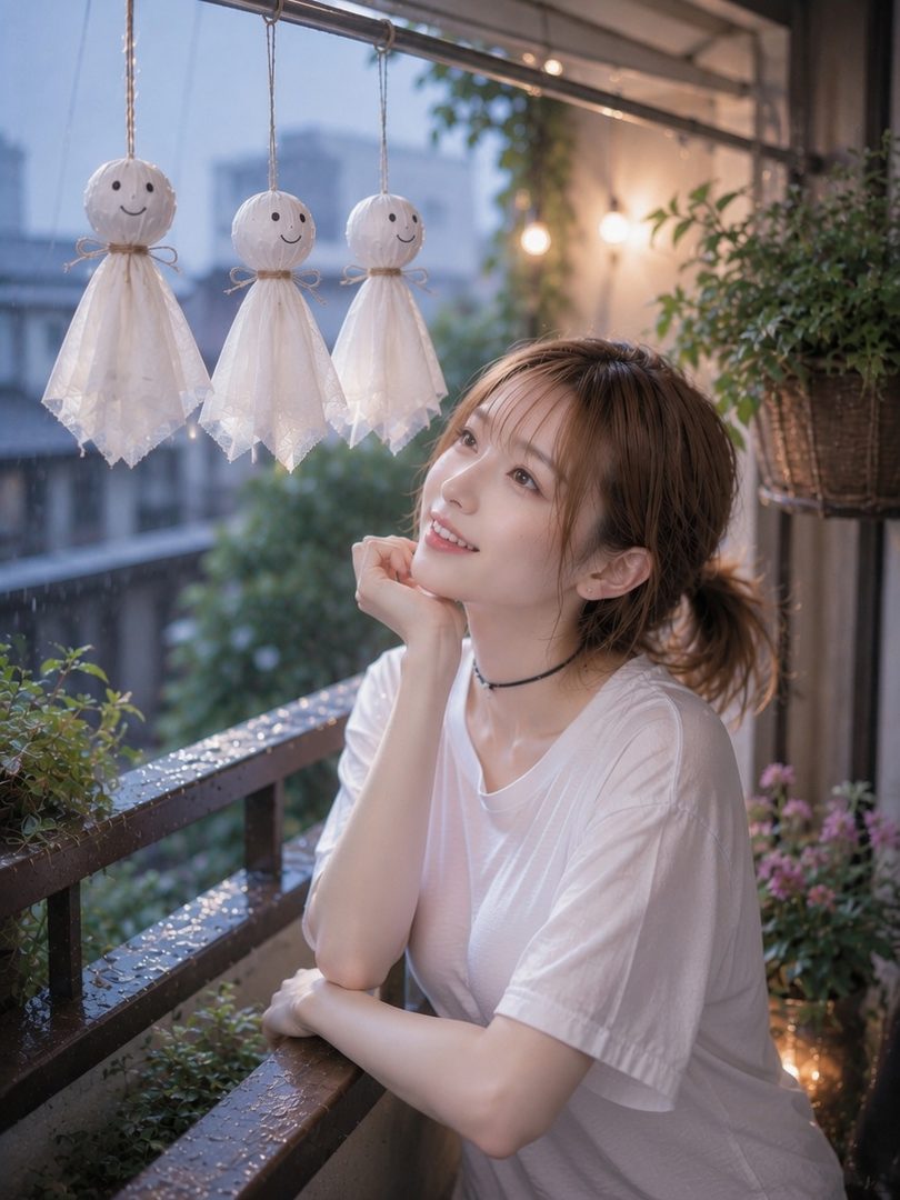 A young woman with brown hair and bangs, wearing a white t-shirt, looks up serenely on a rainy day from a balcony with teru teru bozu dolls hanging.