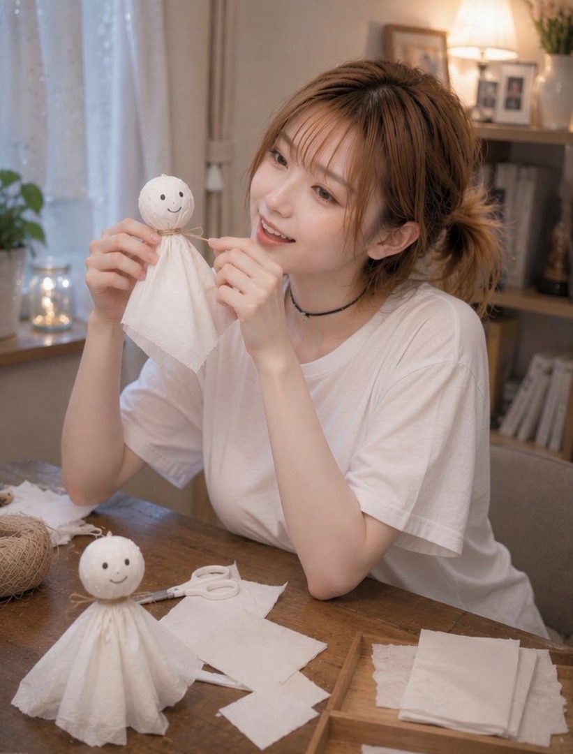A young woman with brown hair in a ponytail and bangs, wearing a white t-shirt, smiles while holding a handmade teru teru bozu doll indoors.