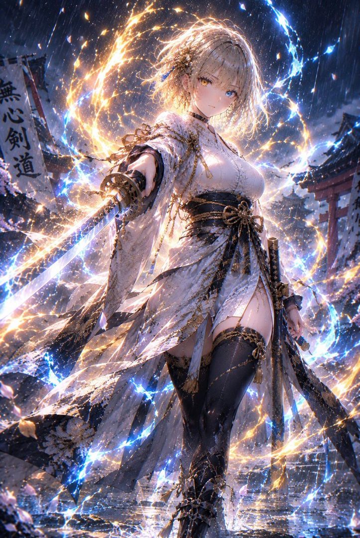An anime-style woman with blonde short hair, wearing a white and black kimono, holding a katana, surrounded by glowing particles and lightning.