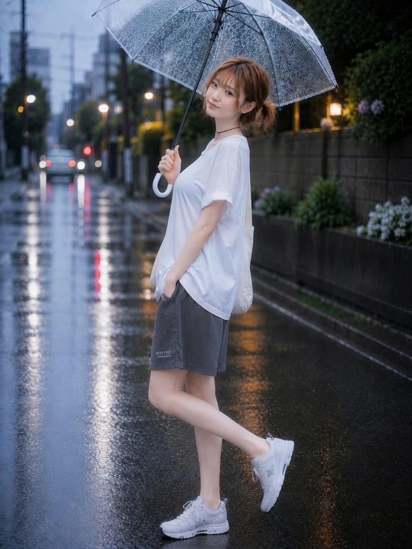 A young woman with brown hair holds a clear umbrella on a wet street during a rainy day.