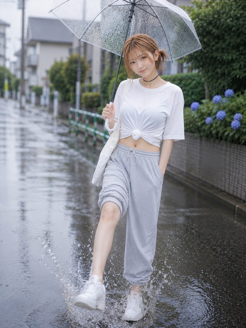 A young woman with brown hair in a ponytail, wearing a white crop top and grey sweatpants, splashes in a puddle on a rainy street while holding a clear umbrella.