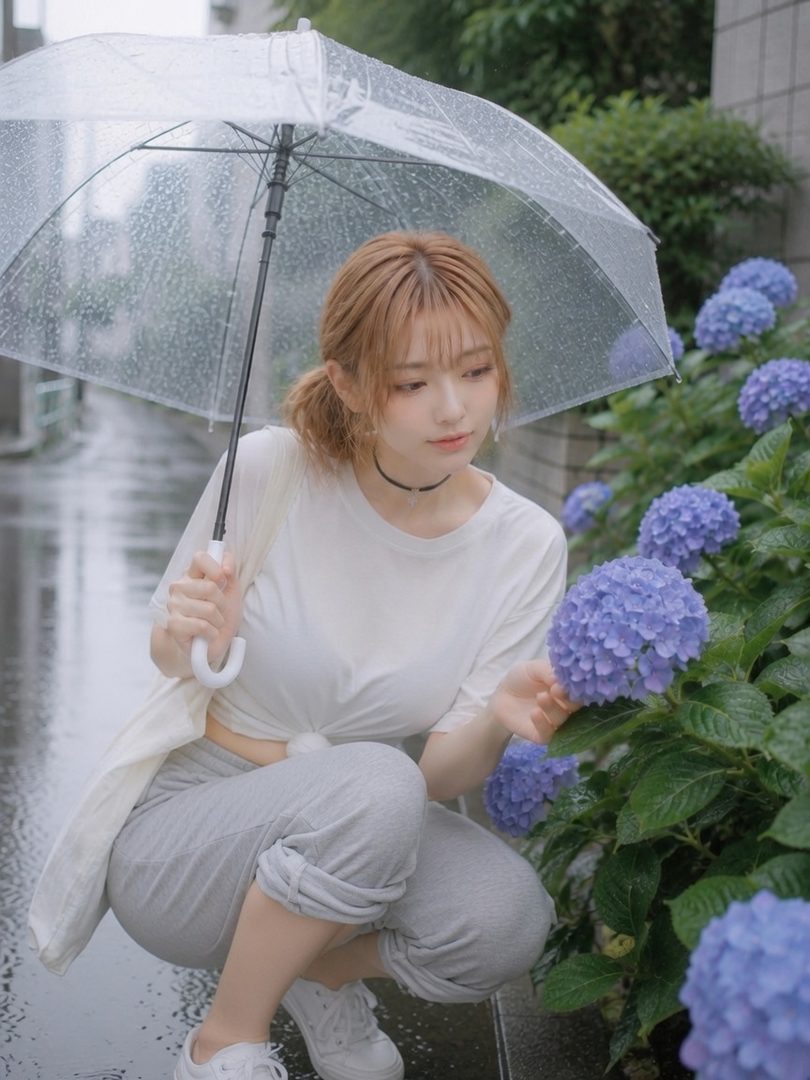 A young woman with blonde hair holds a clear umbrella and crouches to admire purple hydrangeas on a rainy day.