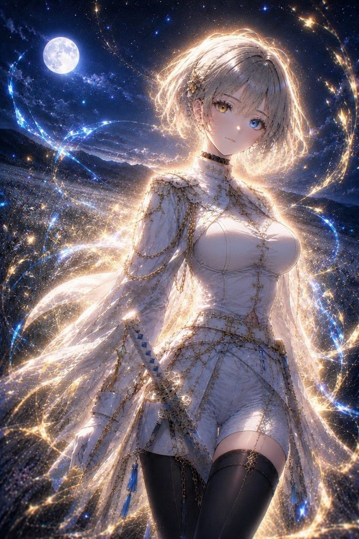 An anime-style character with short blonde hair and heterochromia stands under a full moon, surrounded by sparkling light trails.
