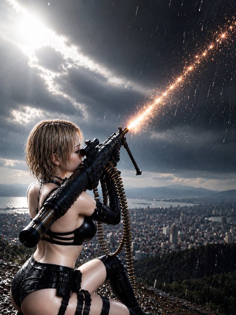 A woman in a black bikini and tactical gear is firing a large machine gun with a tracer round over a city during a rainy day.