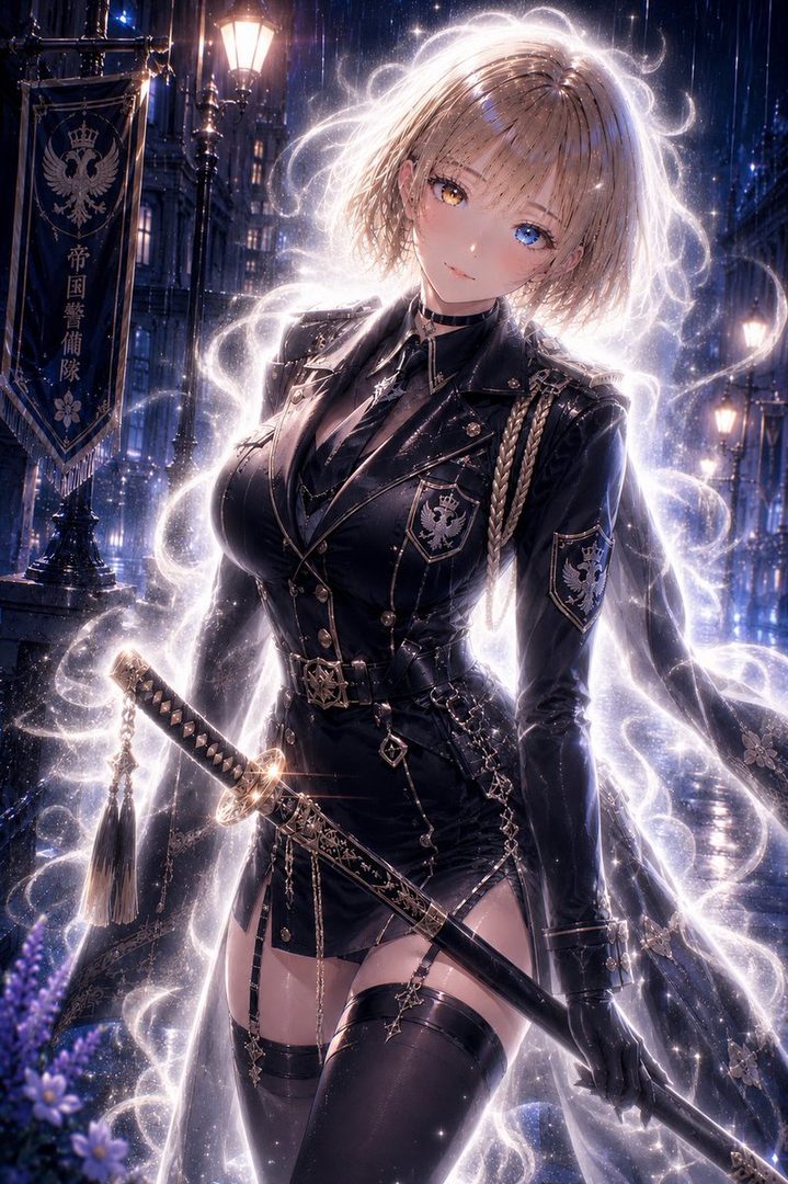 An anime-style character with blonde short hair and heterochromia, wearing a black military-style uniform and holding a katana, stands in a magical night city scene.