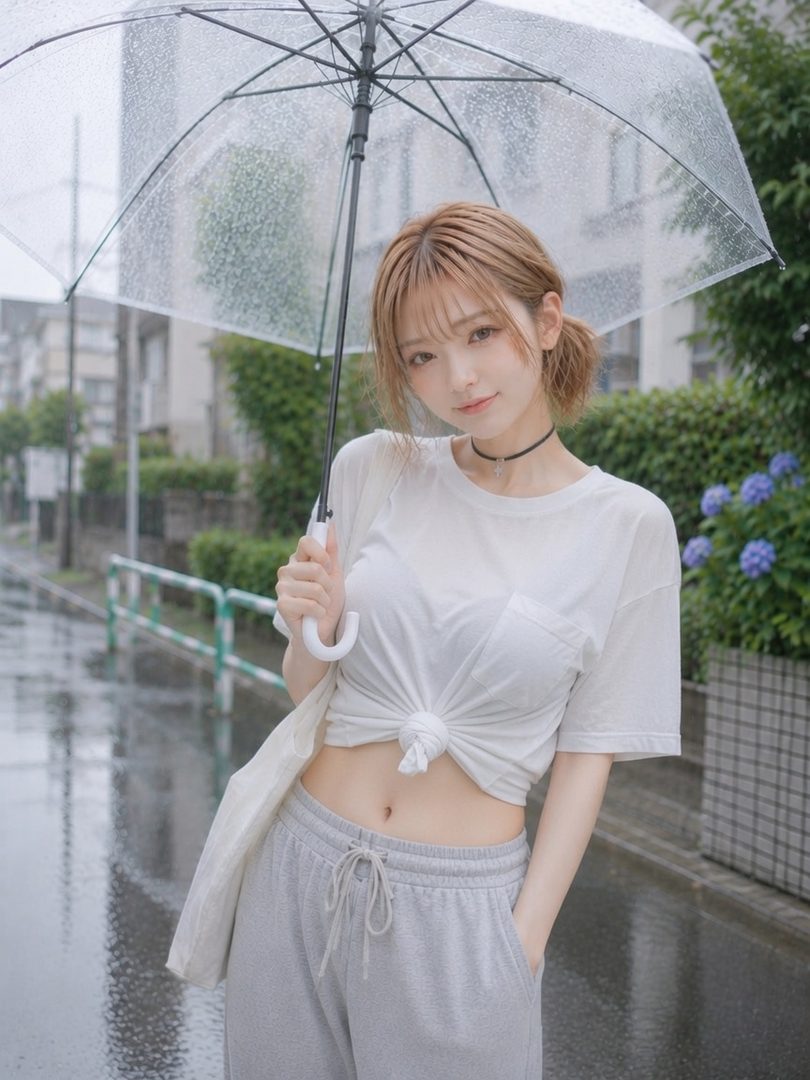 A young woman with blonde hair and a white knotted t-shirt holds a clear umbrella on a rainy street.