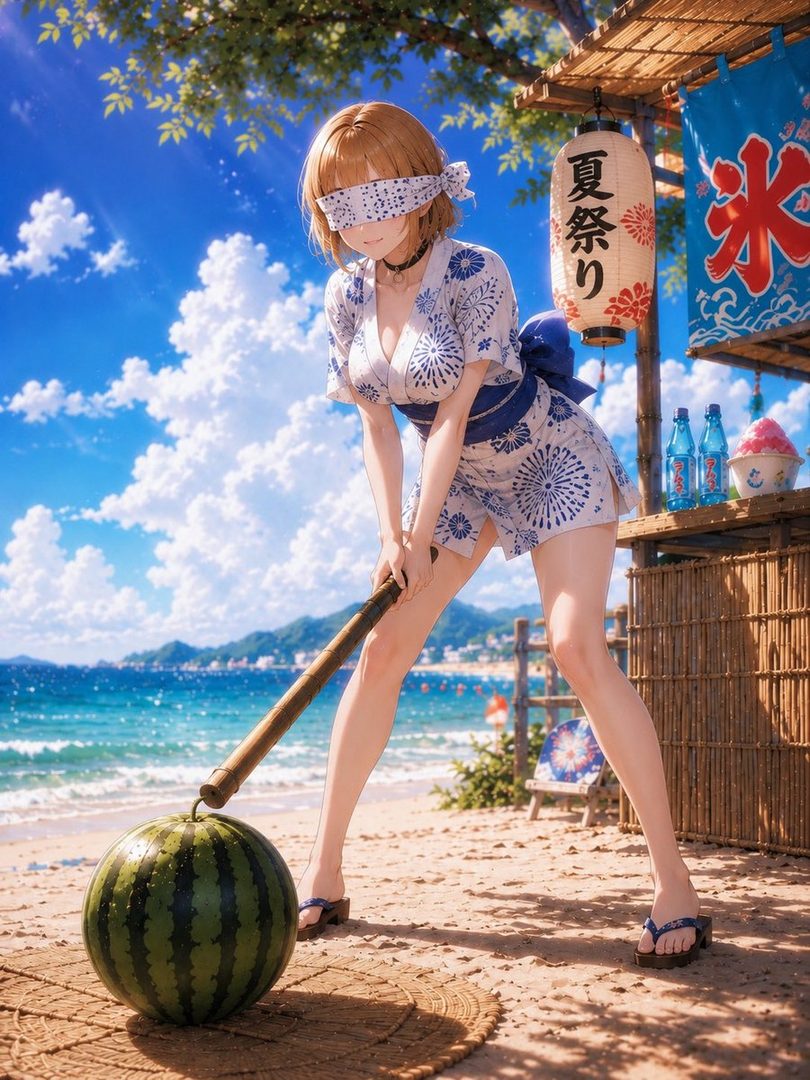 An anime girl in a yukata plays suikawari on a sunny beach.
