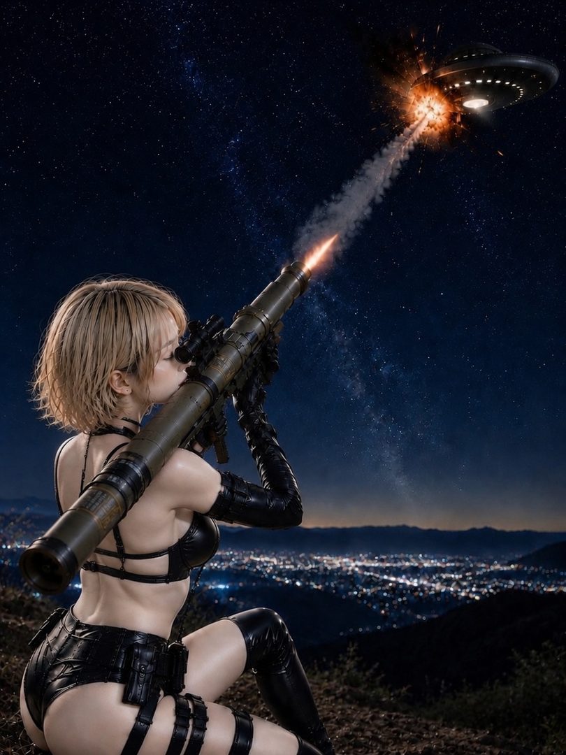A blonde woman in a black latex outfit fires a rocket launcher at a UFO in the night sky above a city.