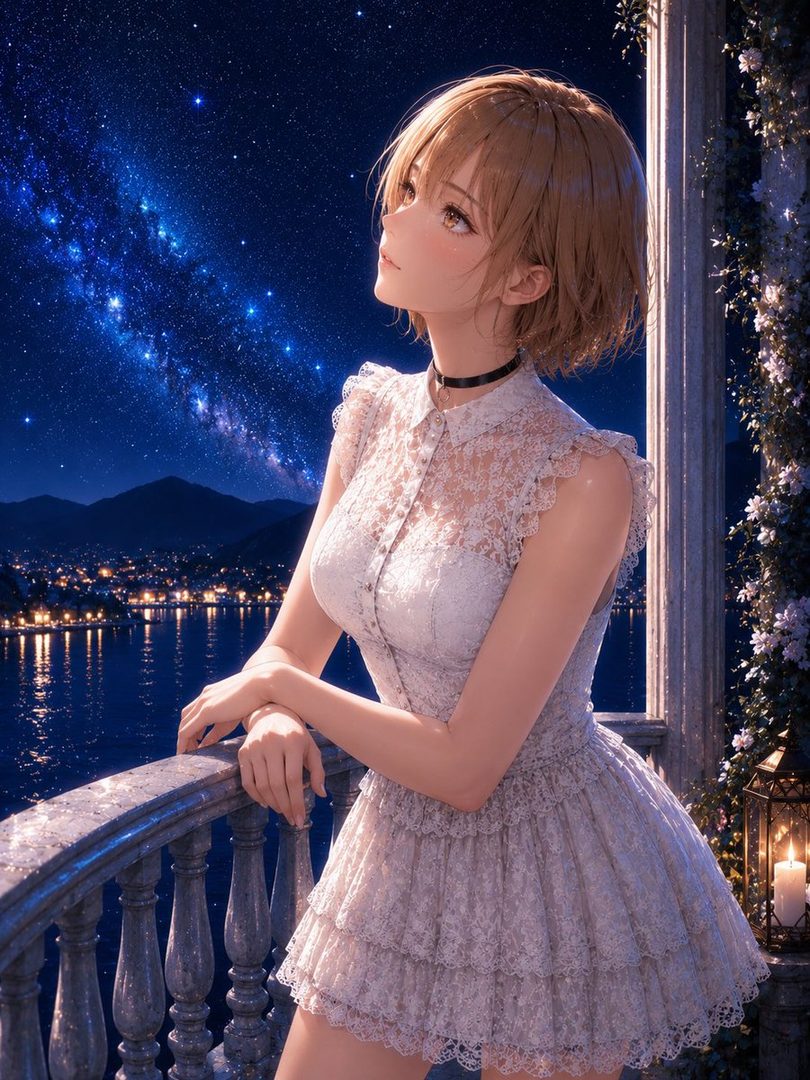 A young woman in a white lace dress stands on a balcony at night, looking up at the starry sky over a city by the water.