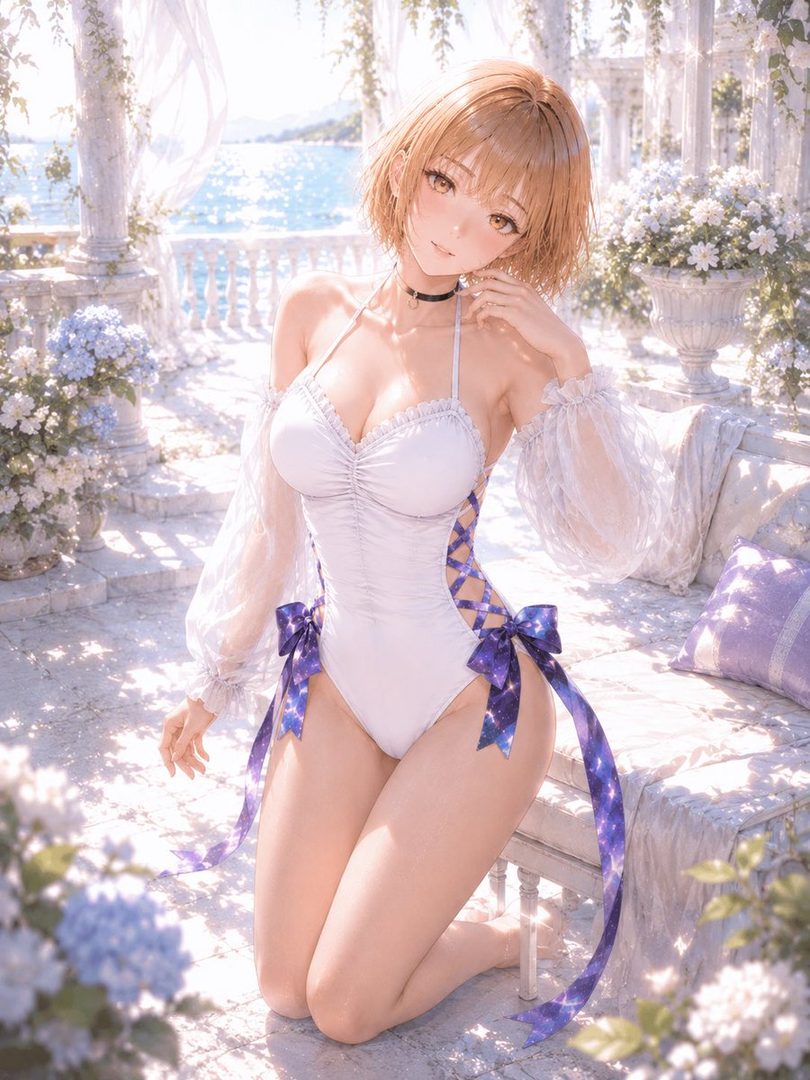 An anime girl with short blonde hair kneels outdoors in a white swimsuit with purple ribbons, set against a sparkling ocean and white floral background.