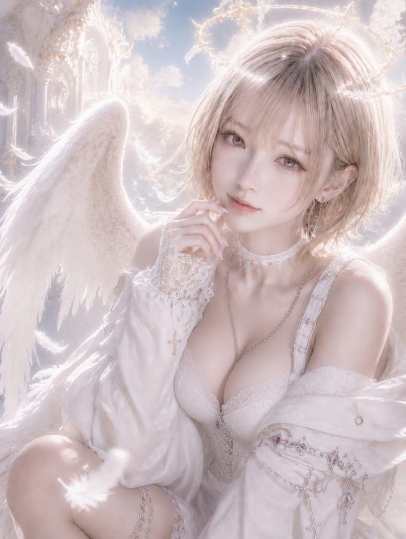 A beautiful blonde woman with short hair and angel wings is depicted in a dreamy, ethereal setting, wearing a white lace outfit.
