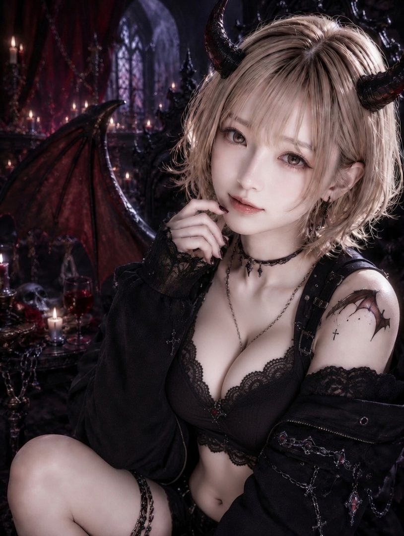 A blonde woman with short hair and devil horns poses in a dark, gothic setting with candles and a bat wing decoration.