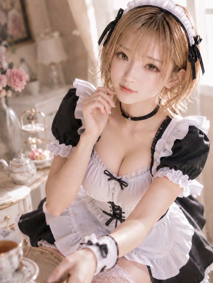 A cute woman with blonde short hair wearing a maid outfit is posing indoors.